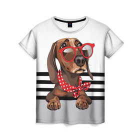 Женская футболка 3D с принтом Такса в очках в Санкт-Петербурге, 100% полиэфир ( синтетическое хлопкоподобное полотно) | прямой крой, круглый вырез горловины, длина до линии бедер | animal | black | breed | dachshund | dog | domestic | drawing | gra | polka | red | shawl | stripes | white | белый | горошек | графика | домашняя | животное | красный | надпись | очки | платок | полосы | порода | рисунок | собака | такса | текс