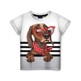 Детская футболка 3D с принтом Такса в очках в Санкт-Петербурге, 100% гипоаллергенный полиэфир | прямой крой, круглый вырез горловины, длина до линии бедер, чуть спущенное плечо, ткань немного тянется | Тематика изображения на принте: animal | black | breed | dachshund | dog | domestic | drawing | gra | polka | red | shawl | stripes | white | белый | горошек | графика | домашняя | животное | красный | надпись | очки | платок | полосы | порода | рисунок | собака | такса | текс