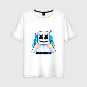 Женская футболка хлопок Oversize с принтом Marshmello в Санкт-Петербурге, 100% хлопок | свободный крой, круглый ворот, спущенный рукав, длина до линии бедер
 | christopher | comstock | dj | dotcom | friends | marshmallow | marshmello | usa | диджей | друзья | комсток | крис | маршмэллоу | продюсер | сша