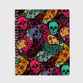 Тетрадь с принтом Черепа в Санкт-Петербурге, 100% бумага | 48 листов, плотность листов — 60 г/м2, плотность картонной обложки — 250 г/м2. Листы скреплены сбоку удобной пружинной спиралью. Уголки страниц и обложки скругленные. Цвет линий — светло-серый
 | death | fear | hallowee | horror | multicolored | sign | skulls | symbol | абстракция | геометрический | графика | звёзды | знак | линии | орнамент | праздник | разноцветные | рисунок | символ | треугольники | ужас | узор | узоры
