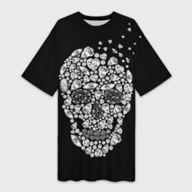 Платье-футболка 3D с принтом Diamond skull в Санкт-Петербурге,  |  | background | black | death | diamond skull | drawing | graphics | hal | hearts | precious stones | symbol | wealth | богатство | бриллиантовый | графика | день мертвых | драгоценные | камни | мексика | праздник | рисунок | сердца | символ | фон |