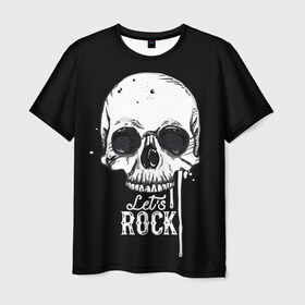 Мужская футболка 3D с принтом Let is rock в Санкт-Петербурге, 100% полиэфир | прямой крой, круглый вырез горловины, длина до линии бедер | bones | death | drawing | drops | flowing | graphic | music | rock | skeleton | skull | splashes | style | symbol | брызги | графика | день мертвых | капли | кости | мексика | музыка | праздник | рисунок | рок | символ | скелет | стиль | течёт | 