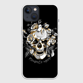 Чехол для iPhone 13 с принтом Memento mori в Санкт-Петербурге,  |  | blac | death | drawing | flowers | graphics | head | ornament | patterns | remember | roses | skeleton | skull | symbol | голова | графика | надпись | орнамент | помни | рисунок | розы | символ | скелет | текст | узоры | фон | цветы | череп | чер