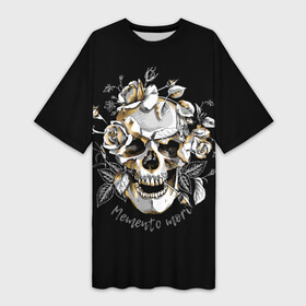 Платье-футболка 3D с принтом Memento mori в Санкт-Петербурге,  |  | blac | death | drawing | flowers | graphics | head | ornament | patterns | remember | roses | skeleton | skull | symbol | голова | графика | надпись | орнамент | помни | рисунок | розы | символ | скелет | текст | узоры | фон | цветы | череп | чер