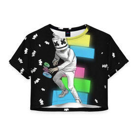 Женская футболка 3D укороченная с принтом Marshmello в Санкт-Петербурге, 100% полиэстер | круглая горловина, длина футболки до линии талии, рукава с отворотами | dj | electro | electronic | marshmello | mask | music | зефир | маршмелоу | музыка