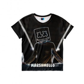 Детская футболка 3D с принтом Marshmello в Санкт-Петербурге, 100% гипоаллергенный полиэфир | прямой крой, круглый вырез горловины, длина до линии бедер, чуть спущенное плечо, ткань немного тянется | marshmello | диджей | клуб | клубная музыка | маршмеллоу | маршмэлло | маршмэллоу | музыка | электронная