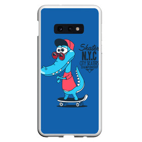 Чехол для Samsung S10E с принтом Skate NYC в Санкт-Петербурге, Силикон | Область печати: задняя сторона чехла, без боковых панелей | Тематика изображения на принте: freestyle | n | skateboard | бейсболка | город | графика | движение | дикий | доска | животное | колёса | красный | крокодил | крутой | надпись | нью йорк | очки | рисунок | ролики | сила | синий | скейтборд | спорт