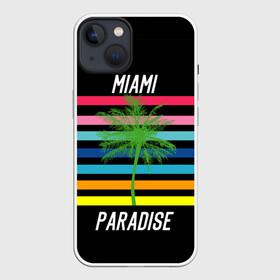 Чехол для iPhone 13 с принтом Miami Paradise в Санкт-Петербурге,  |  | america | city | colorful | drawing | grap | miami | palm tree | paradise | recreation | resort | stripes | tree | usa | world | америка | город | графика | дерево | курорт | майами | мировой | надпись | отдых | пальма | полосы | разноцветные | рай | рису