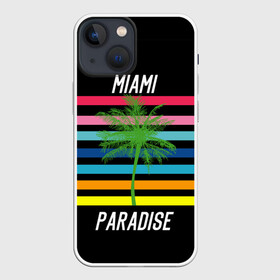 Чехол для iPhone 13 mini с принтом Miami Paradise в Санкт-Петербурге,  |  | america | city | colorful | drawing | grap | miami | palm tree | paradise | recreation | resort | stripes | tree | usa | world | америка | город | графика | дерево | курорт | майами | мировой | надпись | отдых | пальма | полосы | разноцветные | рай | рису