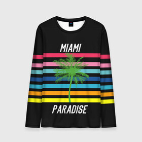 Мужской лонгслив 3D с принтом Miami Paradise в Санкт-Петербурге, 100% полиэстер | длинные рукава, круглый вырез горловины, полуприлегающий силуэт | america | city | colorful | drawing | grap | miami | palm tree | paradise | recreation | resort | stripes | tree | usa | world | америка | город | графика | дерево | курорт | майами | мировой | надпись | отдых | пальма | полосы | разноцветные | рай | рису