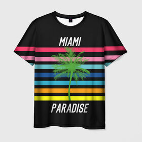 Мужская футболка 3D с принтом Miami Paradise в Санкт-Петербурге, 100% полиэфир | прямой крой, круглый вырез горловины, длина до линии бедер | america | city | colorful | drawing | grap | miami | palm tree | paradise | recreation | resort | stripes | tree | usa | world | америка | город | графика | дерево | курорт | майами | мировой | надпись | отдых | пальма | полосы | разноцветные | рай | рису