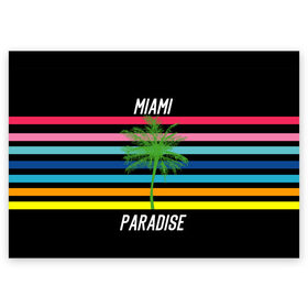 Поздравительная открытка с принтом Miami Paradise в Санкт-Петербурге, 100% бумага | плотность бумаги 280 г/м2, матовая, на обратной стороне линовка и место для марки
 | Тематика изображения на принте: america | city | colorful | drawing | grap | miami | palm tree | paradise | recreation | resort | stripes | tree | usa | world | америка | город | графика | дерево | курорт | майами | мировой | надпись | отдых | пальма | полосы | разноцветные | рай | рису