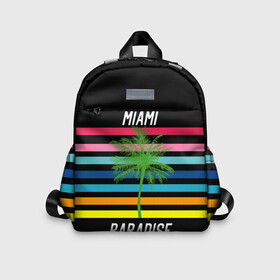 Детский рюкзак 3D с принтом Miami Paradise в Санкт-Петербурге, 100% полиэстер | лямки с регулируемой длиной, сверху петелька, чтобы рюкзак можно было повесить на вешалку. Основное отделение закрывается на молнию, как и внешний карман. Внутри дополнительный карман. По бокам два дополнительных кармашка | Тематика изображения на принте: america | city | colorful | drawing | grap | miami | palm tree | paradise | recreation | resort | stripes | tree | usa | world | америка | город | графика | дерево | курорт | майами | мировой | надпись | отдых | пальма | полосы | разноцветные | рай | рису