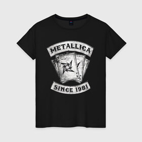 Женская футболка хлопок с принтом Metallica в Санкт-Петербурге, 100% хлопок | прямой крой, круглый вырез горловины, длина до линии бедер, слегка спущенное плечо | heavy metal | metal | metallica | группы | метал | металлика | музыка | рок | трэш метал | хєви метал