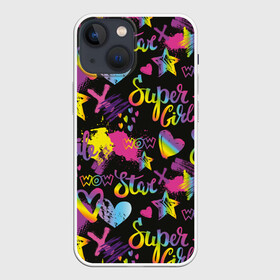 Чехол для iPhone 13 mini с принтом Super Girl в Санкт-Петербурге,  |  | girl | hearts | rainbow | raster | spectrum | splashes | spots | star | super | абстракция | брызги | графика | девушка | звезда | кислотный | любовь | мечта | надпись | праздник | пятна | радуга | растр | рисунок | сердца | спектр