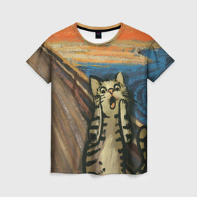 Женская футболка 3D с принтом Крик котика в Санкт-Петербурге, 100% полиэфир ( синтетическое хлопкоподобное полотно) | прямой крой, круглый вырез горловины, длина до линии бедер | cat | картина | кот | котик | котики | коты | котэ | кошак | крик | мем | приколы
