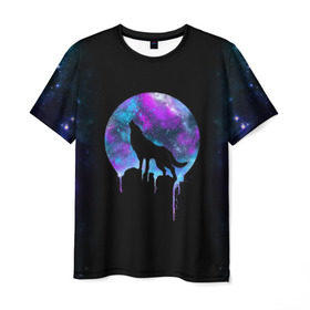 Мужская футболка 3D с принтом волк на фоне луны в Санкт-Петербурге, 100% полиэфир | прямой крой, круглый вырез горловины, длина до линии бедер | wolf | волк | галактика | звезды | кайот | космос | луна | млечный путь | ночь | собака
