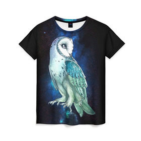 Женская футболка 3D с принтом космическая сова в Санкт-Петербурге, 100% полиэфир ( синтетическое хлопкоподобное полотно) | прямой крой, круглый вырез горловины, длина до линии бедер | owl | галактика | звезды | космос | млечный путь | ночь | птица | сова | филин