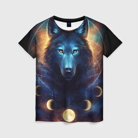 Женская футболка 3D с принтом волк в Санкт-Петербурге, 100% полиэфир ( синтетическое хлопкоподобное полотно) | прямой крой, круглый вырез горловины, длина до линии бедер | wolf | волк | галактика | звезды | койот | космос | луна | ночь | собака