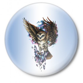 Значок с принтом сова в Санкт-Петербурге,  металл | круглая форма, металлическая застежка в виде булавки | owl | кристаллы | ночь | птица | сова | филин