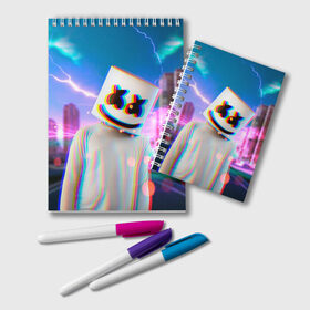 Блокнот с принтом Marshmello Glitch в Санкт-Петербурге, 100% бумага | 48 листов, плотность листов — 60 г/м2, плотность картонной обложки — 250 г/м2. Листы скреплены удобной пружинной спиралью. Цвет линий — светло-серый
 | Тематика изображения на принте: christopher | comstock | dj | dotcom | fortnite | friends | glitch | marshmallow | marshmello | usa | глитч | диджей | друзья | зефир | комсток | крис | мармелад | маршмэллоу | молнии | музыка | продюсер | сша | фортнайт | хаус | электро