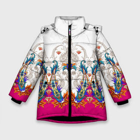 Зимняя куртка для девочек 3D с принтом Цветочный орнамент в Санкт-Петербурге, ткань верха — 100% полиэстер; подклад — 100% полиэстер, утеплитель — 100% полиэстер. | длина ниже бедра, удлиненная спинка, воротник стойка и отстегивающийся капюшон. Есть боковые карманы с листочкой на кнопках, утяжки по низу изделия и внутренний карман на молнии. 

Предусмотрены светоотражающий принт на спинке, радужный светоотражающий элемент на пуллере молнии и на резинке для утяжки. | branches | ethnic | fashion | flora | flowers | graphic | leaves | ornament | pattern | petals | style | youth | белый | ветки | графика | искусство | лепестки | листья | мода | молодежный | орнамент | рисунок | розовый | стиль | узор | фл