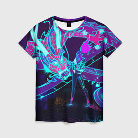 Женская футболка 3D с принтом League Of Legends Neon Dragon в Санкт-Петербурге, 100% полиэфир ( синтетическое хлопкоподобное полотно) | прямой крой, круглый вырез горловины, длина до линии бедер | akali | dragon | kda | league of egends | lol | neon | дракон | неон | персонаж