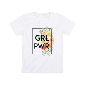 Детская футболка хлопок с принтом GRL PWR в Санкт-Петербурге, 100% хлопок | круглый вырез горловины, полуприлегающий силуэт, длина до линии бедер | Тематика изображения на принте: 8 марта | feminism | girl power | like a girl | venus | весна | женщины | международный женский день | подарок | феминизм