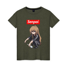 Женская футболка хлопок с принтом Senpai (Гопник) в Санкт-Петербурге, 100% хлопок | прямой крой, круглый вырез горловины, длина до линии бедер, слегка спущенное плечо | ahegao | anime | manga | sempai | senpai | аниме | ахегао | манга | семпай | сенпай
