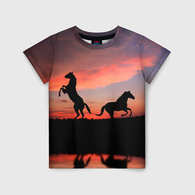 Детская футболка 3D с принтом Кони на закате в Санкт-Петербурге, 100% гипоаллергенный полиэфир | прямой крой, круглый вырез горловины, длина до линии бедер, чуть спущенное плечо, ткань немного тянется | Тематика изображения на принте: животные | закат | кони | конь | лошади | лошадь | природа