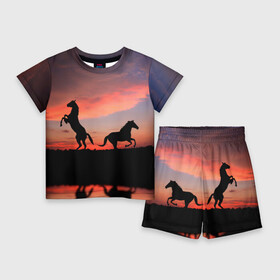Детский костюм с шортами 3D с принтом Кони на закате в Санкт-Петербурге,  |  | животные | закат | кони | конь | лошади | лошадь | природа