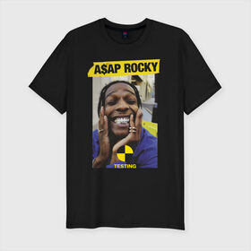 Мужская футболка премиум с принтом A$AP ROCKY в Санкт-Петербурге, 92% хлопок, 8% лайкра | приталенный силуэт, круглый вырез ворота, длина до линии бедра, короткий рукав | aap | asap | mob | rap | rocky | testing | асап | банда | моб | раким | реп | роки | рэп | рэпер | тестинг | эйсап | эсап