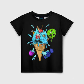 Детская футболка 3D с принтом Мороженое Монстр в Санкт-Петербурге, 100% гипоаллергенный полиэфир | прямой крой, круглый вырез горловины, длина до линии бедер, чуть спущенное плечо, ткань немного тянется | candy | ice cream | marshmallow | monster | monsters | oreo | sweets | zombie | зомби | леденец | леденцы | маршмеллоу | монстр | монстры | мороженое | орео | сладости