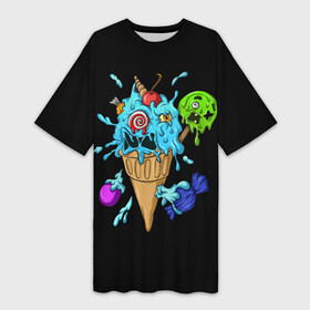 Платье-футболка 3D с принтом Мороженое Монстр в Санкт-Петербурге,  |  | Тематика изображения на принте: candy | ice cream | marshmallow | monster | monsters | oreo | sweets | zombie | зомби | леденец | леденцы | маршмеллоу | монстр | монстры | мороженое | орео | сладости