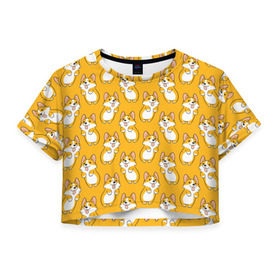 Женская футболка Cropp-top с принтом Корги Паттерн 2 в Санкт-Петербурге, 100% полиэстер | круглая горловина, длина футболки до линии талии, рукава с отворотами | веселый | лапочка | милый | мимими | оранжевый | пес | песик | собака | счастье | щенок