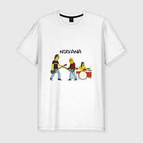 Мужская футболка премиум с принтом Nirvana в стиле simpsons в Санкт-Петербурге, 92% хлопок, 8% лайкра | приталенный силуэт, круглый вырез ворота, длина до линии бедра, короткий рукав | nirvana | simpsons | барабаны | басы | гитара | курт | курт кобейн | музыканты | мультик | нирвана | рок | симпсоны