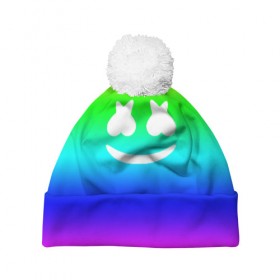 Шапка 3D c помпоном с принтом Marshmello COLORS в Санкт-Петербурге, 100% полиэстер | универсальный размер, печать по всей поверхности изделия | christopher comstock | dj | marshmello | music | диджей | клубная музыка | клубняк | крис комсток | логотип | маршмэллоу | музыка