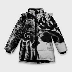 Зимняя куртка для девочек 3D с принтом Dsquared tattoo black в Санкт-Петербурге, ткань верха — 100% полиэстер; подклад — 100% полиэстер, утеплитель — 100% полиэстер. | длина ниже бедра, удлиненная спинка, воротник стойка и отстегивающийся капюшон. Есть боковые карманы с листочкой на кнопках, утяжки по низу изделия и внутренний карман на молнии. 

Предусмотрены светоотражающий принт на спинке, радужный светоотражающий элемент на пуллере молнии и на резинке для утяжки. | Тематика изображения на принте: dsquared tattoo | тату | татуировки