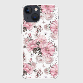 Чехол для iPhone 13 mini с принтом Розовые розы в Санкт-Петербурге,  |  | bouquet | fashion | flora | flowers | illustra | nature | ornament | patterns | petals | pink | roses | style | youth | белый | букет | графика | иллюстрация | картинка | лепестки | мода | молодежная | орнамент | природа | рисунок | розовые | розы