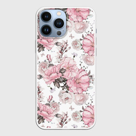 Чехол для iPhone 13 Pro Max с принтом Розовые розы в Санкт-Петербурге,  |  | bouquet | fashion | flora | flowers | illustra | nature | ornament | patterns | petals | pink | roses | style | youth | белый | букет | графика | иллюстрация | картинка | лепестки | мода | молодежная | орнамент | природа | рисунок | розовые | розы