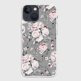 Чехол для iPhone 13 mini с принтом Розовые розы в Санкт-Петербурге,  |  | bouquet | f | flora | flowers | leaves | nature | ornament | patterns | petals | pink | roses | style | youth | букет | графика | иллюстрация | картинка | лепестки | листья | мода | молодежная | орнамент | природа | рисунок | розовые | розы | серый