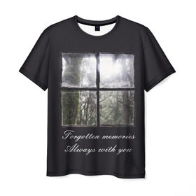 Мужская футболка 3D с принтом Forgotten Memories в Санкт-Петербурге, 100% полиэфир | прямой крой, круглый вырез горловины, длина до линии бедер | Тематика изображения на принте: деревья | лес | мрачный | надпись | окно | старый | стекло