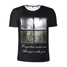 Мужская футболка 3D спортивная с принтом Forgotten Memories в Санкт-Петербурге, 100% полиэстер с улучшенными характеристиками | приталенный силуэт, круглая горловина, широкие плечи, сужается к линии бедра | деревья | лес | мрачный | надпись | окно | старый | стекло