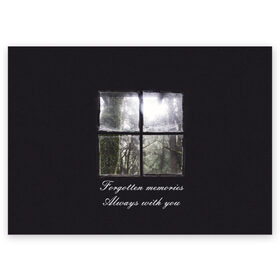 Поздравительная открытка с принтом Forgotten Memories в Санкт-Петербурге, 100% бумага | плотность бумаги 280 г/м2, матовая, на обратной стороне линовка и место для марки
 | деревья | лес | мрачный | надпись | окно | старый | стекло