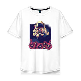 Мужская футболка хлопок Oversize с принтом Космонавт с Фотоаппаратом в Санкт-Петербурге, 100% хлопок | свободный крой, круглый ворот, “спинка” длиннее передней части | nasa | астронавт | космонавт | космос | наса | с цветами | фото | фотограф | цветы