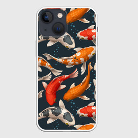 Чехол для iPhone 13 mini с принтом Карпы кои в Санкт-Петербурге,  |  | carp | fish | koi | белые | вода | волны | графика | золотая | иллюстрация | карпы | картинка | кои | косяк | красные | мода | молодежная | оранжевые | орнамент | плеск | плывут | природа | пузыри | пятна