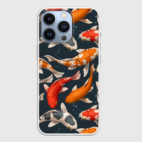 Чехол для iPhone 13 Pro с принтом Карпы кои в Санкт-Петербурге,  |  | carp | fish | koi | белые | вода | волны | графика | золотая | иллюстрация | карпы | картинка | кои | косяк | красные | мода | молодежная | оранжевые | орнамент | плеск | плывут | природа | пузыри | пятна