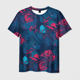 Мужская футболка 3D с принтом Бойцовые рыбки петушок в Санкт-Петербурге, 100% полиэфир | прямой крой, круглый вырез горловины, длина до линии бедер | aquarium | asia | cockerel | fighting | fish | nature | swim | азия | аквариумные | бойцовые | вода | графика | иллюстрация | картинка | косяк | красный | мода | молодежная | орнамент | петушок | плавают | природа | рисунок