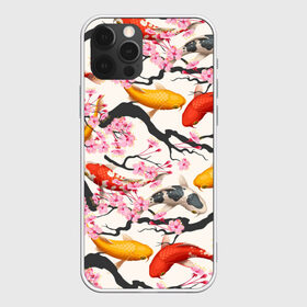Чехол для iPhone 12 Pro Max с принтом Карпы кои Сакура в Санкт-Петербурге, Силикон |  | Тематика изображения на принте: fightin | белые | ветки | вишня | графика | золотая | иллюстрация | карпы | картинка | кои | косяк | красные | мода | молодежная | оранжевые | орнамент | плывут | природа | пятна | рисунок | розовая | рыба