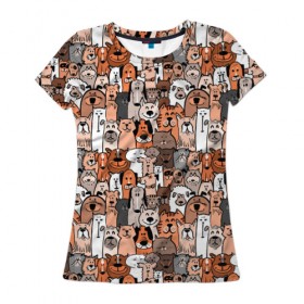 Женская футболка 3D с принтом Коты и собаки в Санкт-Петербурге, 100% полиэфир ( синтетическое хлопкоподобное полотно) | прямой крой, круглый вырез горловины, длина до линии бедер | animals | breed | cats | different | dogs | domestic | kittens | puppies | весёлые | графика | добрые | домашние | животные | иллюстрация | картинка | коллаж | коты | котята | мода | молодежная | полосатые | порода | разные | рисунок